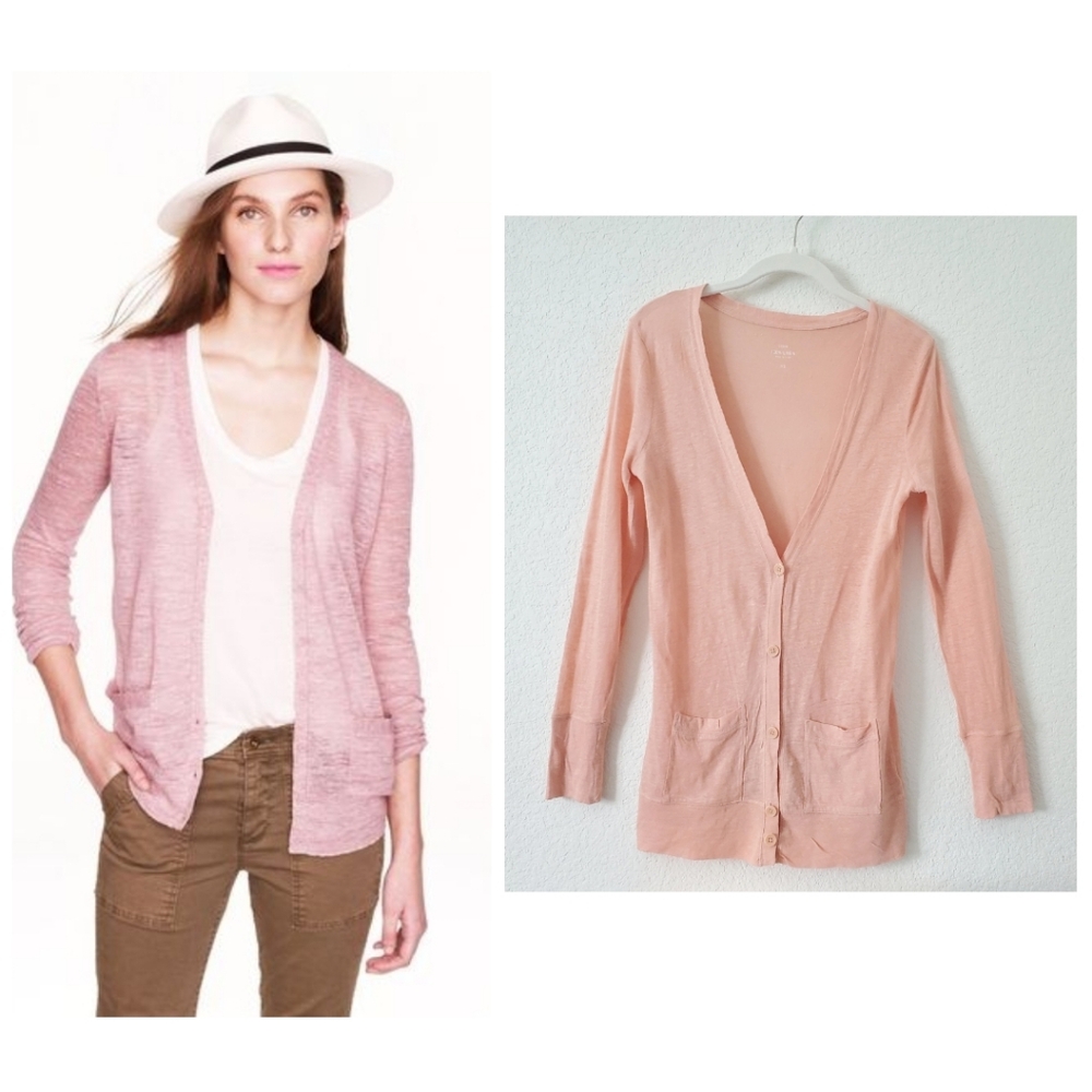 J. Crew 100% Linen Blush Pink Long Boyfriend Cardigan Sweater XS Preppy